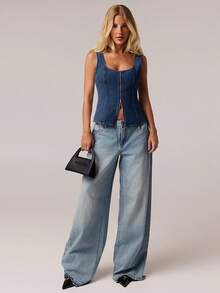 SHEIN Forever 21 Women's Casual Summer Front Zipper Fitted Denim Blouse - Royal Blue - View 3