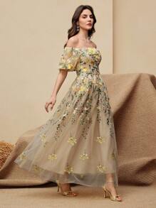 Anewsta Đầm dài tay bồng trễ vai thêu thanh lịch cho nữ - Màu vàng - Xem 3