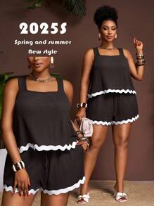 Veslaya Bộ quần short lưng thun co giãn không tay màu nâu tương phản độc quyền mùa hè mới 2025 dành cho bãi biển, áo ba lỗ hở lưng chữ A độc quyền, cỡ lớn - Màu nâu Sô-cô-la - Xem 8