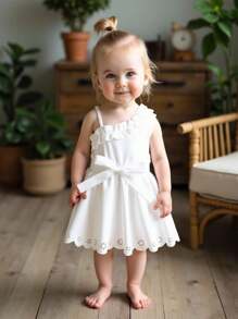 SHEIN Đầm không tay dây mảnh dễ thương thanh lịch cho bé gái, thích hợp cho các buổi đi chơi, ngày lễ, chụp ảnh, họp mặt gia đình và tiệc tùng vào mùa xuân/hè - trắng - Xem 2