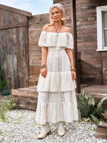 LanaWest New Fashion Off-Shoulder Hollow Lace Ruffle Hem Design Western Bohemian Vacation Style Elegant Women Dress - Apricot - View 3