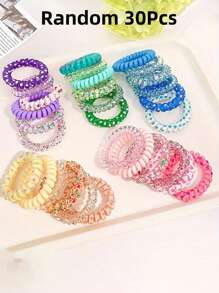 SHEIN 18 条弹力发带，颜色随机 30 条弹力发带 - 装饰性电话线发饰，带有有趣的图案和设计，高品质弹力马尾辫发带，甜美清新女士发饰，礼物和拍照道具，情人节 - 彩色 - 查看 8
