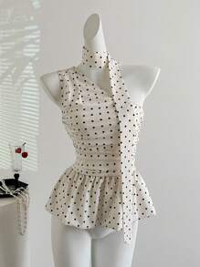 Sweetra 新款夏季法式波点雪纺女式衬衫，简约性感细肩带无袖短款上衣 - 白色 - 查看 1