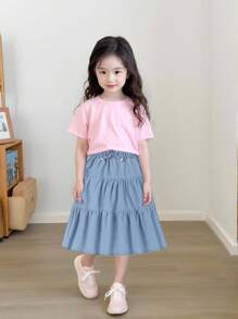 Genkimix Kids Girls Casual Soft Denim Patchwork Loose Fit A-Line Skirt, Fashion Holiday Street Wear, Thin Fabric Summer Tiered Denim Skirt Girls Fall Winter