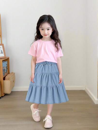 Genkimix Kids Girls Casual Soft Denim Patchwork Loose Fit A-Line Skirt, Fashion Holiday Street Wear, Thin Fabric Summer Tiered Denim Skirt Girls Fall Winter