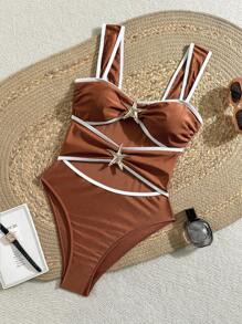 Swim Chiccia Women's One-Piece Swimsuit For Summer, Three-Color Combination, Shiny Fabric, Ocean Five-Star Metal Accessories, Modified Fit For Vacation