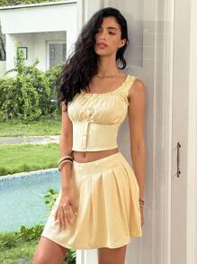 Ria Solene 2pcs Women's Sleeveless Square Collar Frill Trim Button-Up Pleated Mini Skirt Yellow Set - Yellow - View 1