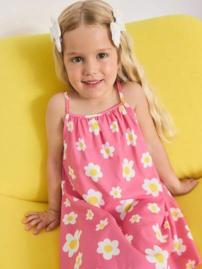Maija Kids Maija Kids Cute Pink Floral Spaghetti Strap Sundress For Young Girls. Crafted From Soft Viscose, This Sleeveless Dress Features A Charming Daisy Print And Subtle Ruffle Detail, Perfect For Summer.