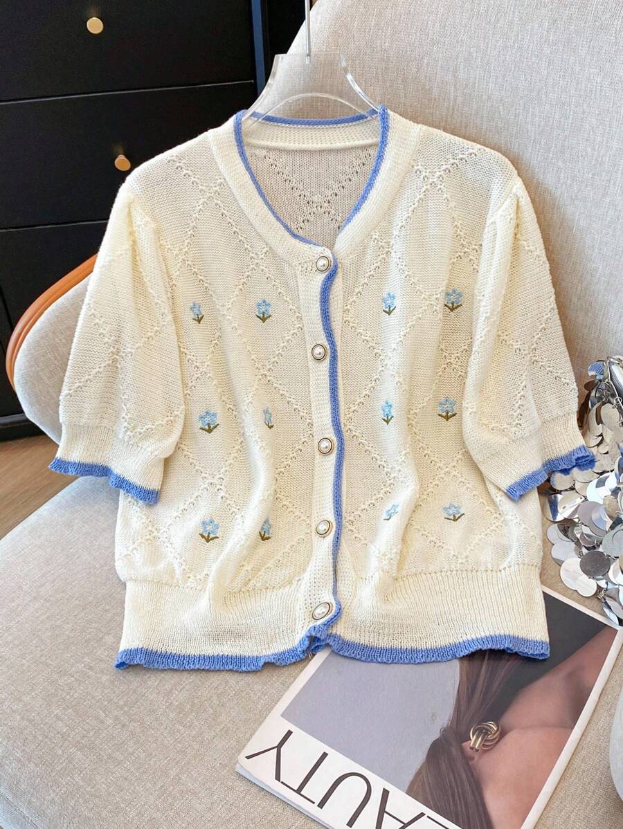 Regalyn Plus Size Casual Floral Embroidery Trim Front Button Knitted Cardigan Winter Fall Autumn