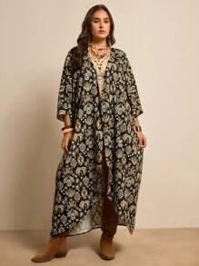 SHEIN LUNE Plus Size Women Floral Print V-Neck Batwing Sleeve Kimono Cover Up, Suitable For Vacation Vacation Outfits Woman Beach Outfits For Woman Cozy Fit  Fall Women Clothes For Summer - Dark Green - View 5