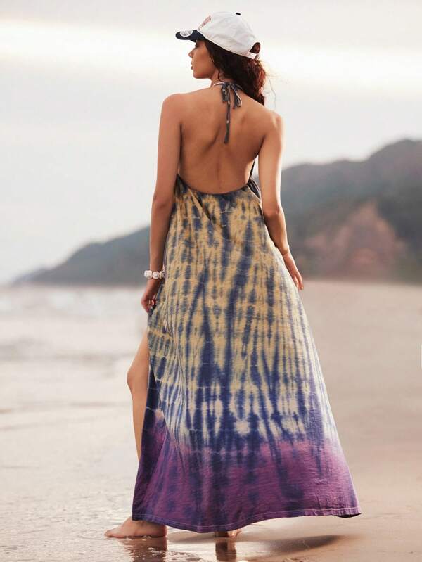 Bohemela Boho Urlaub Strand Lässig Batik Bunter BH-Ausschnitt V-Kragen Schlitz Saum Langes Strickkleid für Damen