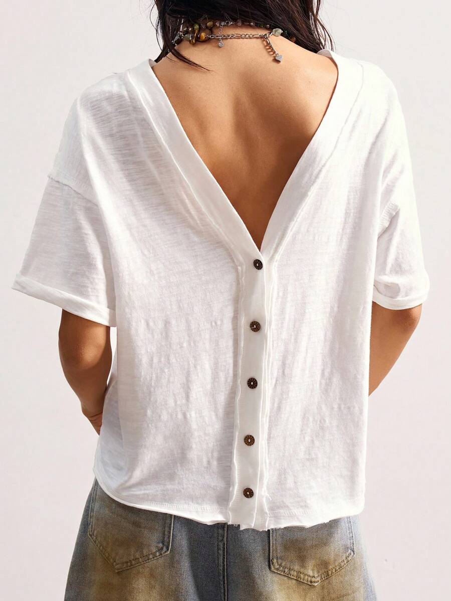 Bohemela Casual Solid Color Loose Batwing Short Sleeve Knit T-Shirt For Women Open Back Shirts Low Cut Shirt Summer Shirts Woman Blouse Summer Loose Shirt