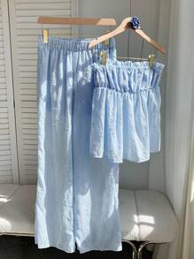Comfortcana 2件套女士度假休闲纯色刺绣抹胸上衣和裤子套装 - 藍色 - 查看 2