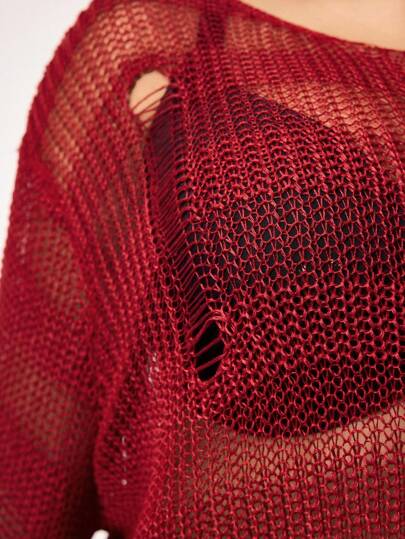Grunge Punk Plus Size Women's Drop Shoulder Loose Bell Sleeve Distressed Sheer Pullover Sweater, Spring/Summer/Autumn
