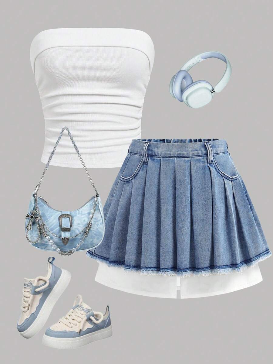 SHEIN Girlism Tween Girl Y2k Light Blue Denim Pleated Skirt, Contrast Color Patchwork Summer Casual Back-To-School Tween Girl Streetwear, School Outdoor Wear Versatile - Medium Wash - View 1