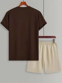 Manfinity Homme Conjunto de top con cuello redondo y pantalones cortos con estampado de letras para hombres, conjunto de prendas cortas para hombres