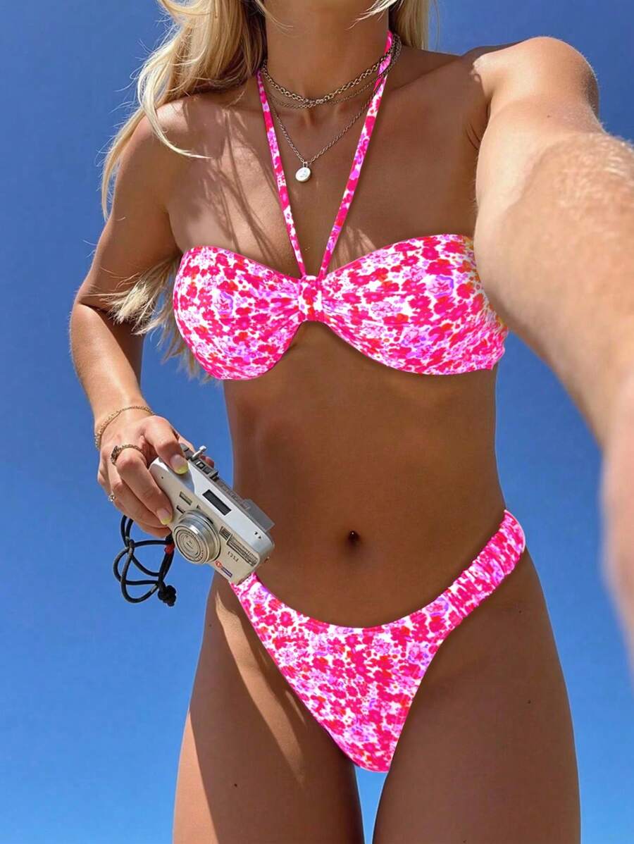 Swim Mod Women's Sweet Ditsy Floral Halter Tie Neck Ruched Swimsuit With Bottoms, Europe And America Fashion Holiday Beach Swimwear Set For Summer Beach Vacation