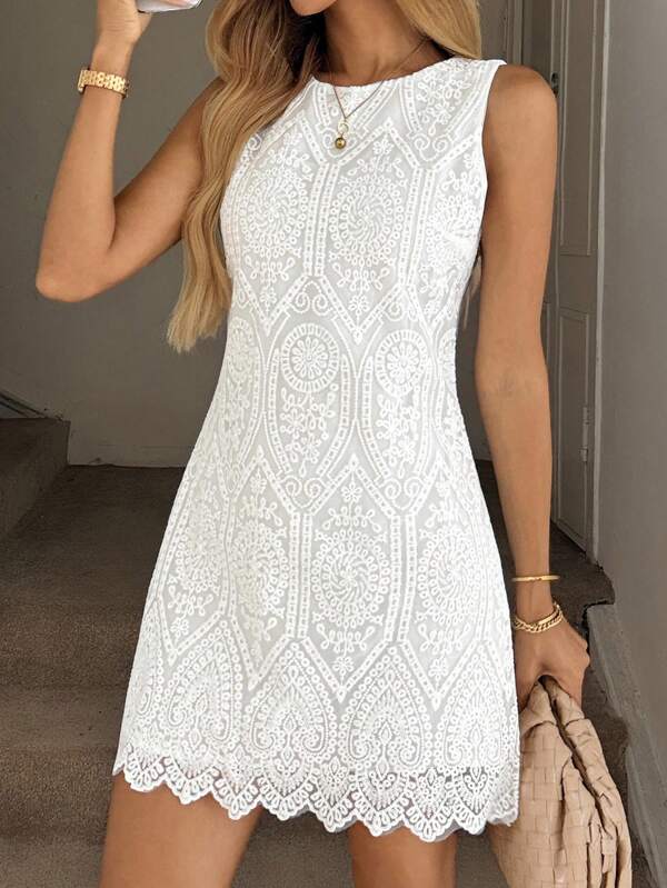 SHEIN LUNE White  Lace Round Neck Sleeveless Women Dress With 3D Feeling For Spring And Summer,Wedding Guest Dress Women