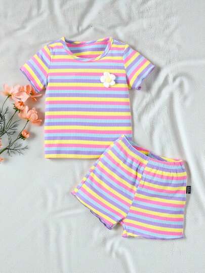 SHEIN Vintaside Kids Baby Girls' Colorful Striped Short Sleeve T-Shirt And Shorts Set