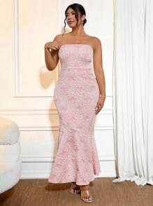 Bellastra 大码女式蝴蝶结和美人鱼轮廓压花花卉纹理露肩连衣裙 - 粉色 - 查看 3