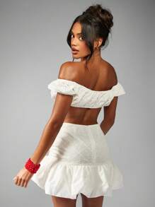 MISSGUIDED Váy ngắn Broderie Anglaise có viền xếp nếp mặc đi biển mùa hè, mặc ban ngày, dự tiệc, lễ hội - trắng - Xem 2