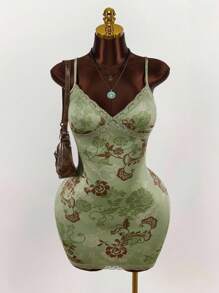 Amplova Đầm ôm sát cơ thể lưới in họa tiết hoa cổ điển chắp vá ren - màu xanh lá - Xem 1