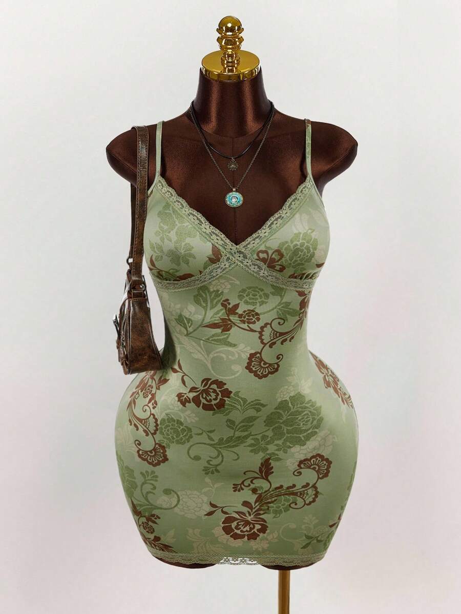 Amplova Đầm ôm sát cơ thể lưới in họa tiết hoa cổ điển chắp vá ren - màu xanh lá - Xem 1