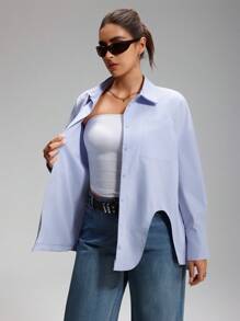 LYSMO Plus Size Solid Color Asymmetric Hem Button Up Casual Long Sleeve Shirt - Blue - View 9