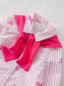 SHEIN Babygirl 休闲粉色和白色条纹蝴蝶结领口披肩连衣裙 - 粉色 - 查看 6