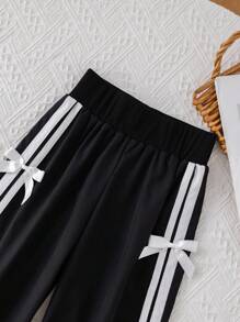 SHEIN 年轻女孩百搭休闲黑色蝴蝶结松紧腰宽松裤 - 黑色 - 查看 8