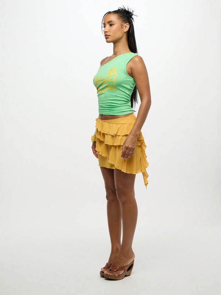 SUMWON WOMEN Lightweight Layered Ruffle Asymmetric Chiffon Mini Skirt