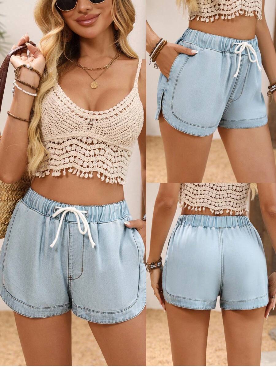 EMERY ROSE Damen Urlaubs Lässig Shorts mit Kordelzugbund - Blau - Übersicht 1