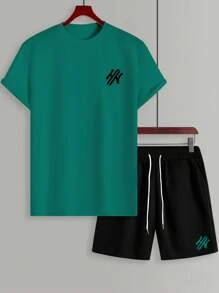 Manfinity Homme 男士夏季休闲字母刺绣短袖T恤和短裤套装街头潮流男士服装男士服装户外服装丈夫和男朋友送给朋友的礼物街头潮流、旅行、日常穿着 - 彩色 - 查看 3