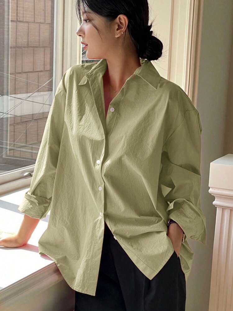 Women's Solid Color Long Sleeve Single-Breasted Casual Loose Shirt