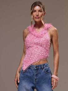 MUSERA Knitted Hooded Racer Asymmetrical Hem Textured Fluffy Top Festival, Concert, Rave, Club, Summer, Sexy Going Out Top  Spring Holiday - Pink - View 5