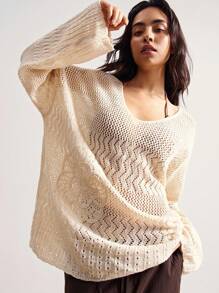 Bohemela Women Solid Color Hollow Out Knitted Sweater, Casual Holiday Fall Tops,Knitted Sweater - Apricot - View 5