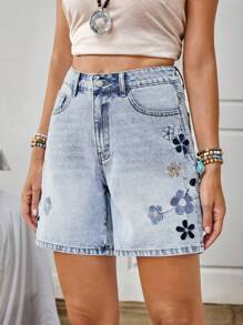 EMERY ROSE Women's Floral Embroidery Pocket Loose Casual Denim Shorts - Blue - View 7