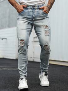 Manfinity LEGND 大码男士休闲时尚街头破洞纽扣牛仔裤 - 淺色水洗藍 - 查看 5