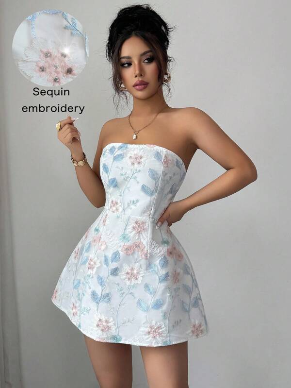 SHEIN LUNE Women Elegant Romantic Beaded Embroidery Floral Pattern Mini Dress, Suitable For Banquet, Party, Romantic Date, Garden Gathering