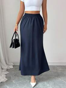 Modelyn Women's Solid Color Elastic Waist Elegant Mermaid Hem Skirt - Navy Blue - View 5