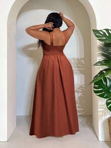 Slaydiva Spring/Summer Vacation Casual Fitted Sling Cinched Waist A-Line Brown Woven Fabric Plus Size Dress For Women - Brown - View 3