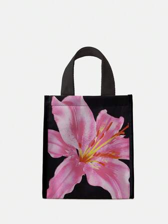 Fairycore Pink Lily Flower Pattern Fashionable Insulated Lunch Bag, Functional Bag, Lunch Bag, Cooler Bag
