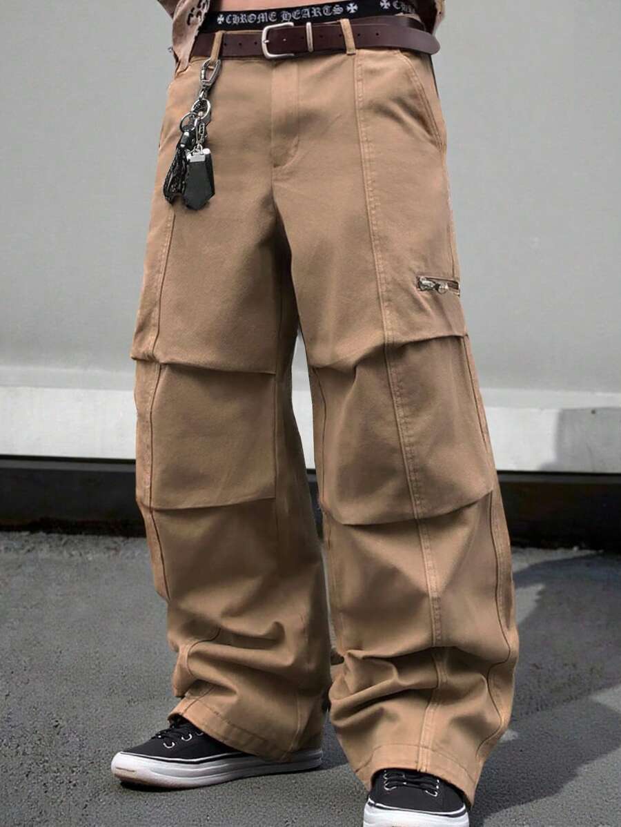 Manfinity EMRG Herren Lässig Plissee Gerade Bein Hose, Straßen-Stil Jugend Weite Cargo Hose Khaki Cargo Hose Braun Cargo Hose Herren Cargo Hose Herren Taktische Arbeitshose