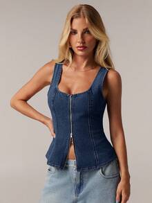 SHEIN Forever 21 Women's Casual Summer Front Zipper Fitted Denim Blouse - Royal Blue - View 4