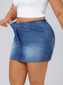 SHEIN Essnce Plus Size Summer Casual Button-Front Denim Mini Skirt