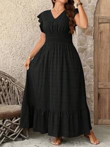 SHEIN LUNE Vestido largo con bajo fluido de tela texturizada para mujer de talla grande, vestido de verano para graduación, atuendo para el 4 de julio, graduación en blanco