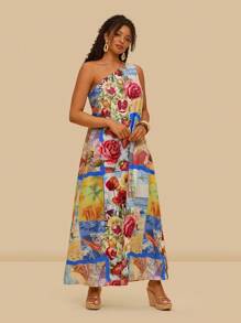 Travachic Plus Size Loose Tropical Print Asymmetrical Shoulder Maxi Dress, Vacation Style Off Shoulder Dress Beach Dresses For Women Tropical Vacation Woman Clothes Tropical Flowers - Multicolor - View 7