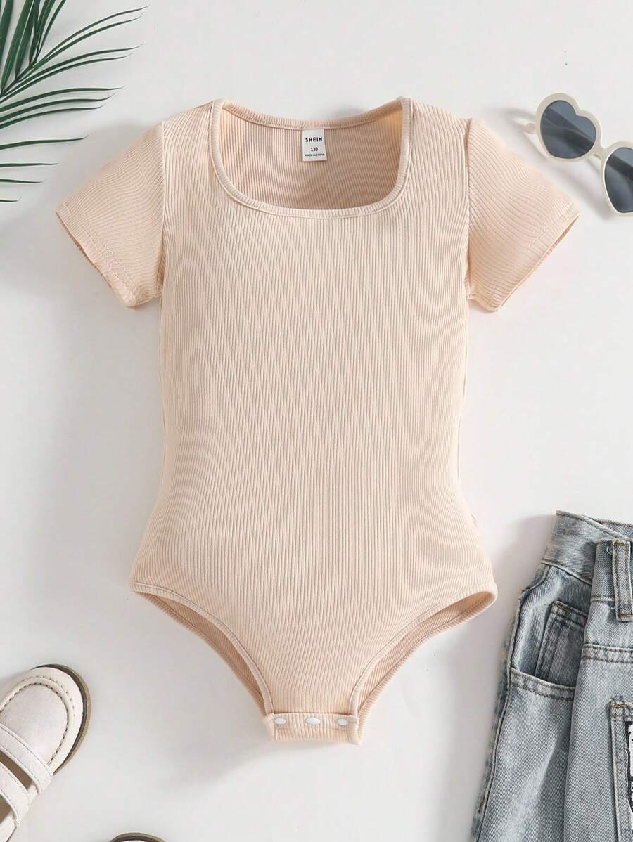 Girls' All-Match Solid Color Knitted Jumpsuit With Street Style, Short Sleeve, Khaki, Spring/Summer, School, Campus, College - Khaki - View 1
