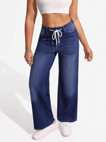SHEIN Essnce Jeans rectos de talle elástico con cordón a la cintura, lavado, de uso casual diario para mujeres