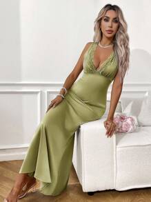 Chiquease Women's Elegant Satin Lace Patchwork Romantic Mid-Length Dress Summer Dress Clothes For University - Green - View 1